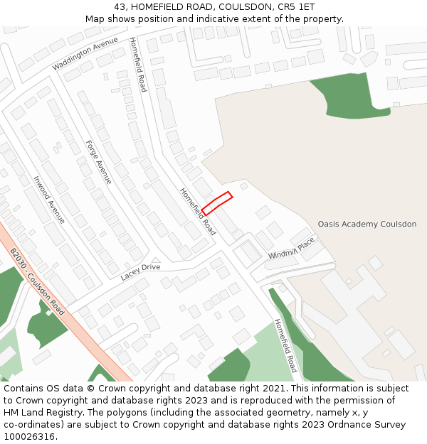 43, HOMEFIELD ROAD, COULSDON, CR5 1ET: Location map and indicative extent of plot