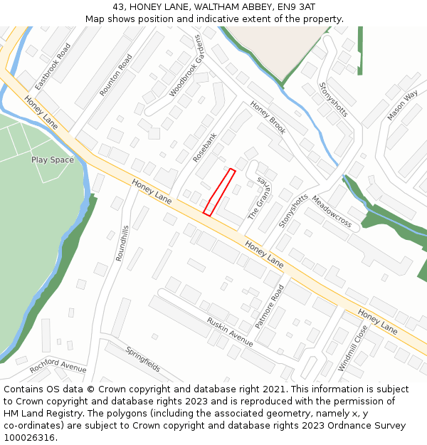 43, HONEY LANE, WALTHAM ABBEY, EN9 3AT: Location map and indicative extent of plot