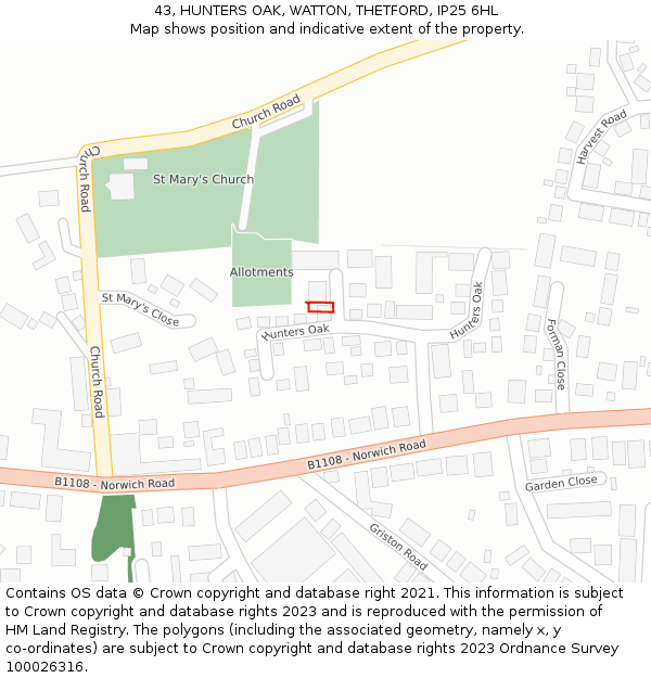 43, HUNTERS OAK, WATTON, THETFORD, IP25 6HL: Location map and indicative extent of plot