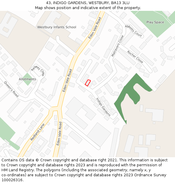 43, INDIGO GARDENS, WESTBURY, BA13 3LU: Location map and indicative extent of plot