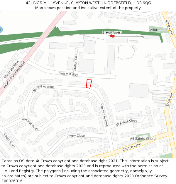 43, INGS MILL AVENUE, CLAYTON WEST, HUDDERSFIELD, HD8 9QG: Location map and indicative extent of plot