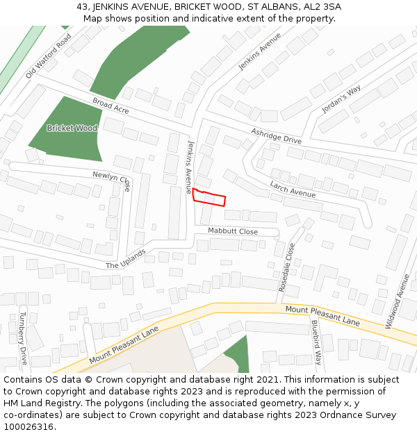 43, JENKINS AVENUE, BRICKET WOOD, ST ALBANS, AL2 3SA: Location map and indicative extent of plot