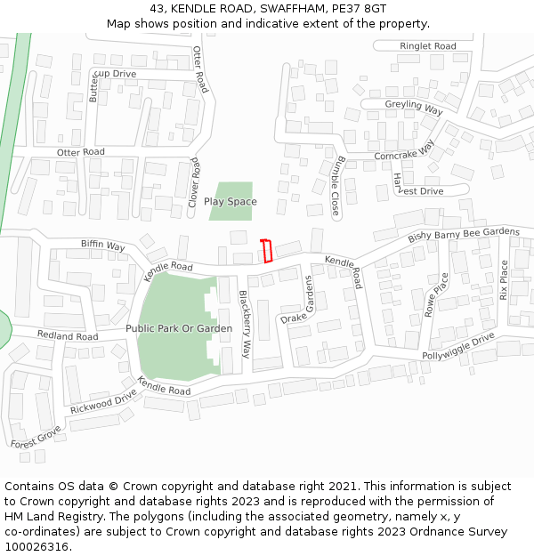 43, KENDLE ROAD, SWAFFHAM, PE37 8GT: Location map and indicative extent of plot