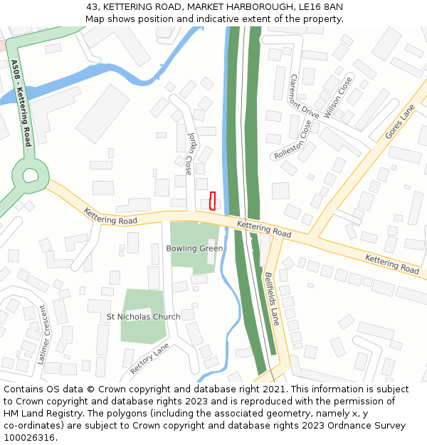 43, KETTERING ROAD, MARKET HARBOROUGH, LE16 8AN: Location map and indicative extent of plot