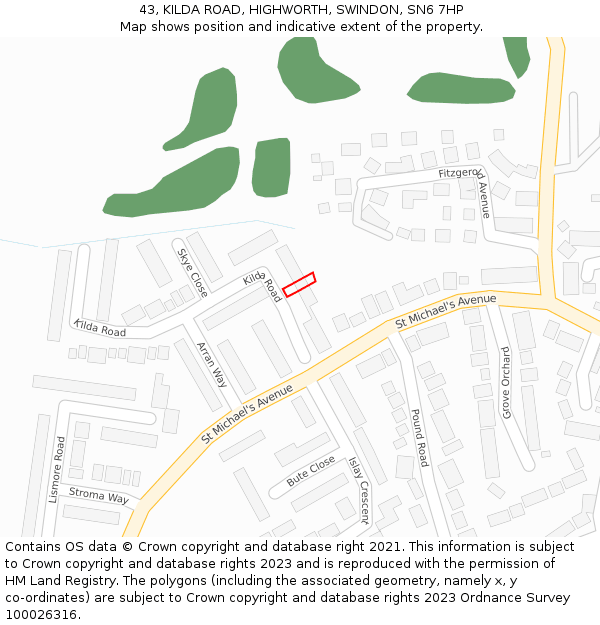 43, KILDA ROAD, HIGHWORTH, SWINDON, SN6 7HP: Location map and indicative extent of plot