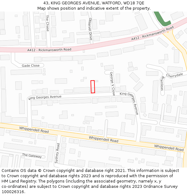 43, KING GEORGES AVENUE, WATFORD, WD18 7QE: Location map and indicative extent of plot