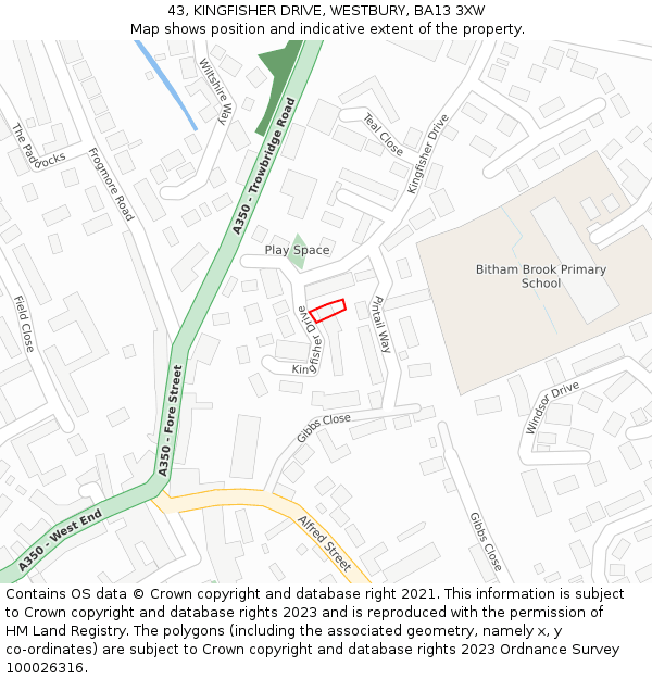 43, KINGFISHER DRIVE, WESTBURY, BA13 3XW: Location map and indicative extent of plot