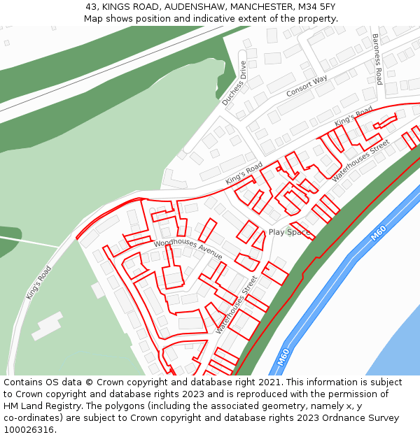 43, KINGS ROAD, AUDENSHAW, MANCHESTER, M34 5FY: Location map and indicative extent of plot