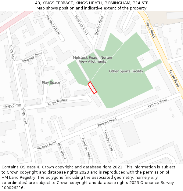 43, KINGS TERRACE, KINGS HEATH, BIRMINGHAM, B14 6TR: Location map and indicative extent of plot