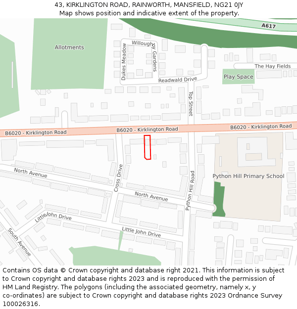 43, KIRKLINGTON ROAD, RAINWORTH, MANSFIELD, NG21 0JY: Location map and indicative extent of plot