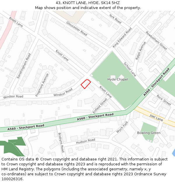 43, KNOTT LANE, HYDE, SK14 5HZ: Location map and indicative extent of plot