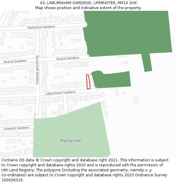 43, LABURNHAM GARDENS, UPMINSTER, RM14 1HX: Location map and indicative extent of plot