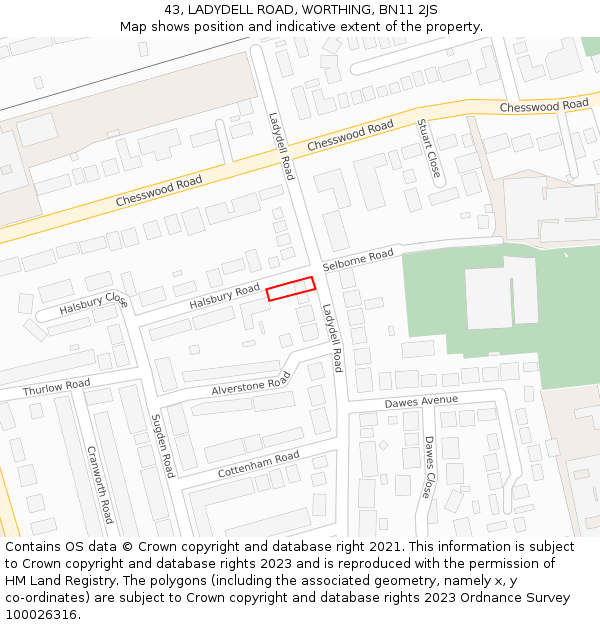 43, LADYDELL ROAD, WORTHING, BN11 2JS: Location map and indicative extent of plot