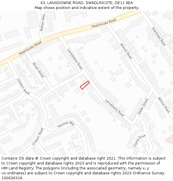 43, LANSDOWNE ROAD, SWADLINCOTE, DE11 9EA: Location map and indicative extent of plot