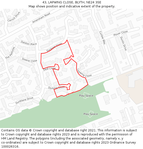 43, LAPWING CLOSE, BLYTH, NE24 3SE: Location map and indicative extent of plot