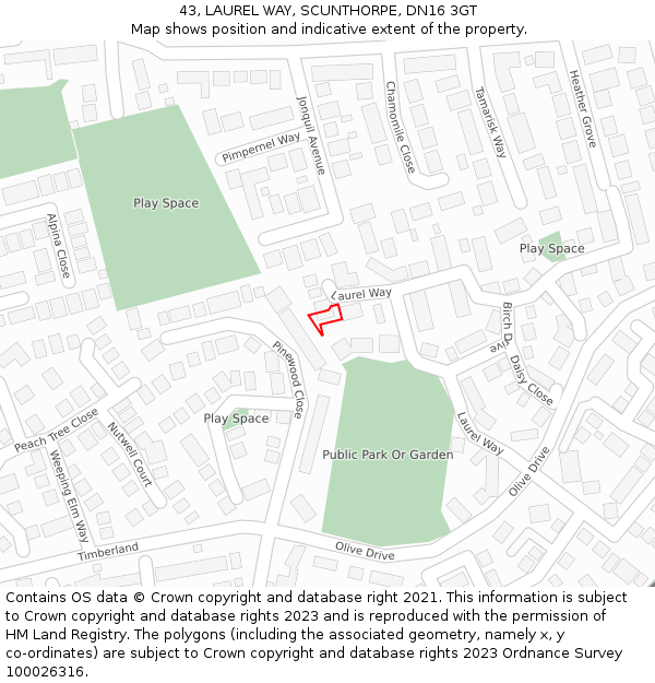 43, LAUREL WAY, SCUNTHORPE, DN16 3GT: Location map and indicative extent of plot