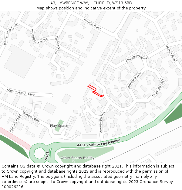 43, LAWRENCE WAY, LICHFIELD, WS13 6RD: Location map and indicative extent of plot