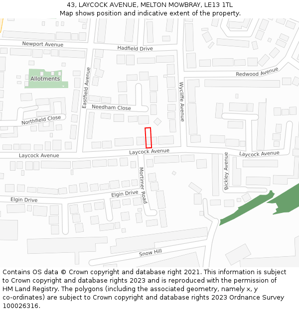 43, LAYCOCK AVENUE, MELTON MOWBRAY, LE13 1TL: Location map and indicative extent of plot