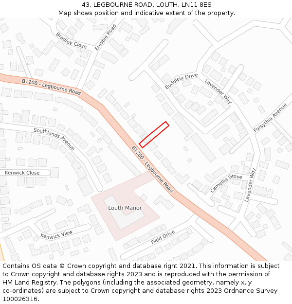 43, LEGBOURNE ROAD, LOUTH, LN11 8ES: Location map and indicative extent of plot