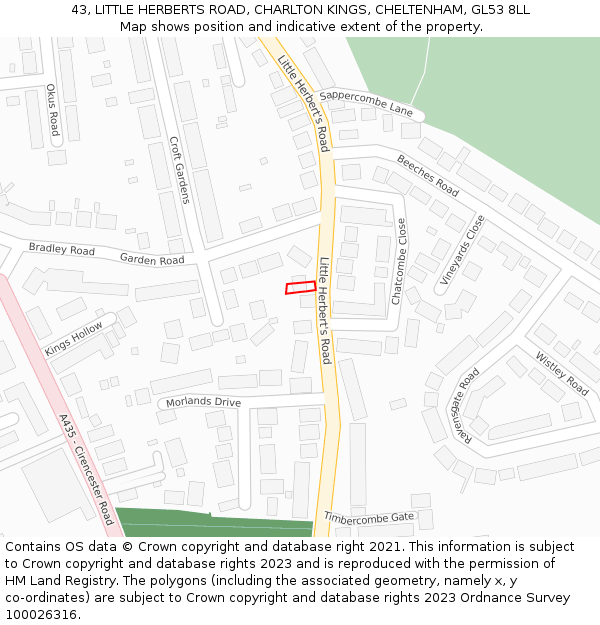 43, LITTLE HERBERTS ROAD, CHARLTON KINGS, CHELTENHAM, GL53 8LL: Location map and indicative extent of plot