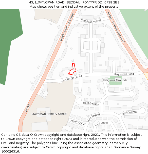 43, LLWYNCRWN ROAD, BEDDAU, PONTYPRIDD, CF38 2BE: Location map and indicative extent of plot