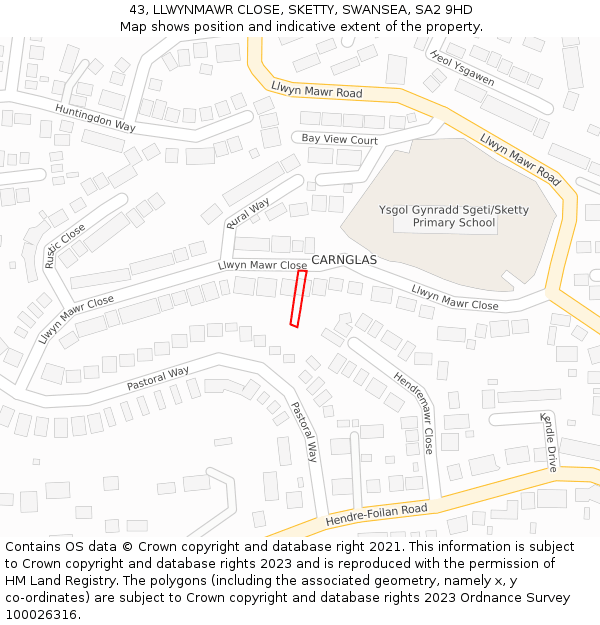 43, LLWYNMAWR CLOSE, SKETTY, SWANSEA, SA2 9HD: Location map and indicative extent of plot