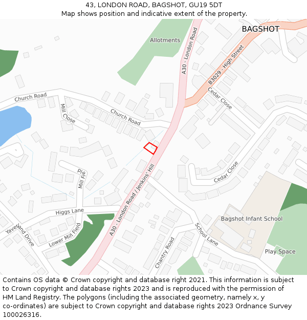 43, LONDON ROAD, BAGSHOT, GU19 5DT: Location map and indicative extent of plot