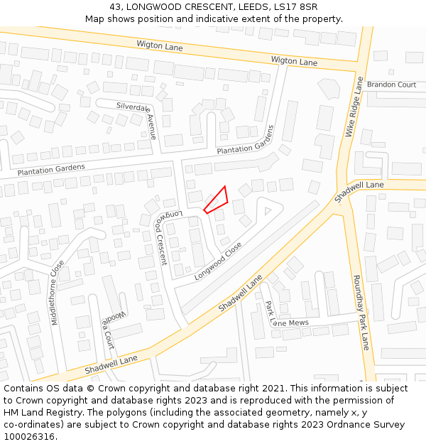 43, LONGWOOD CRESCENT, LEEDS, LS17 8SR: Location map and indicative extent of plot