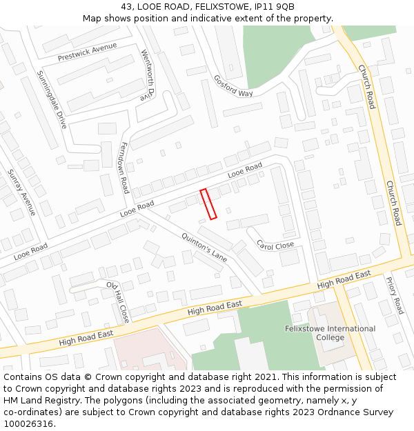 43, LOOE ROAD, FELIXSTOWE, IP11 9QB: Location map and indicative extent of plot