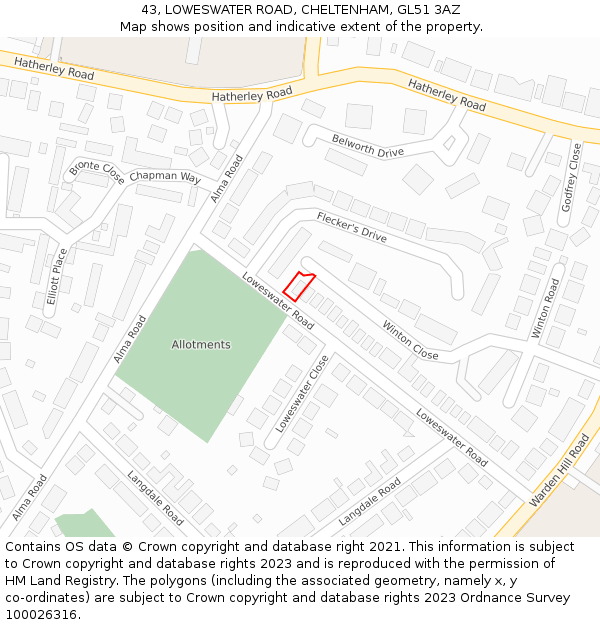 43, LOWESWATER ROAD, CHELTENHAM, GL51 3AZ: Location map and indicative extent of plot