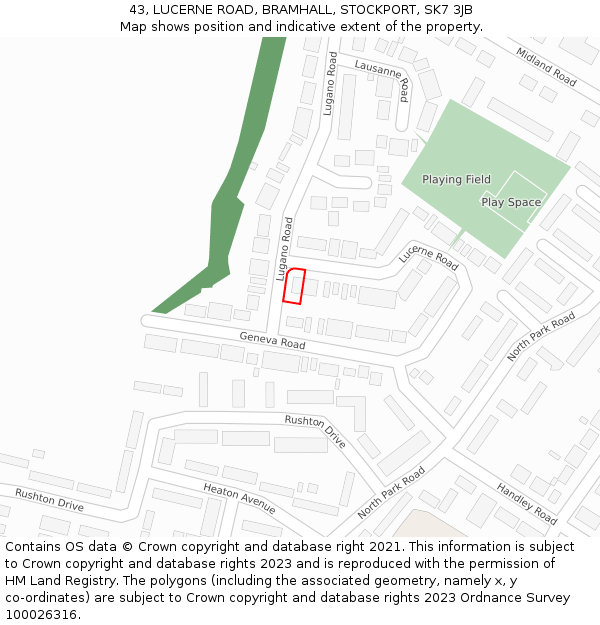 43, LUCERNE ROAD, BRAMHALL, STOCKPORT, SK7 3JB: Location map and indicative extent of plot