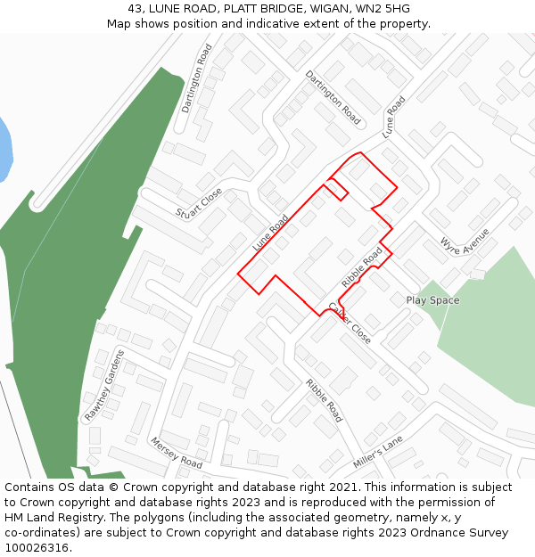 43, LUNE ROAD, PLATT BRIDGE, WIGAN, WN2 5HG: Location map and indicative extent of plot