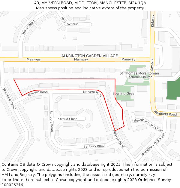 43, MALVERN ROAD, MIDDLETON, MANCHESTER, M24 1QA: Location map and indicative extent of plot