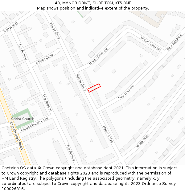 43, MANOR DRIVE, SURBITON, KT5 8NF: Location map and indicative extent of plot