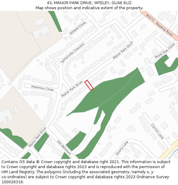 43, MANOR PARK DRIVE, YATELEY, GU46 6UZ: Location map and indicative extent of plot