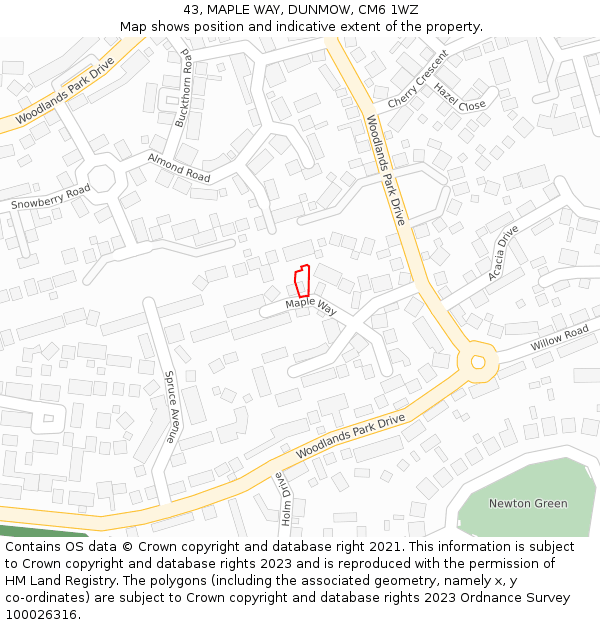 43, MAPLE WAY, DUNMOW, CM6 1WZ: Location map and indicative extent of plot