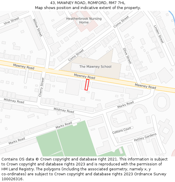 43, MAWNEY ROAD, ROMFORD, RM7 7HL: Location map and indicative extent of plot