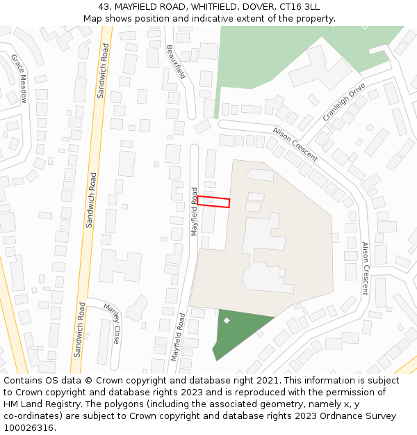 43, MAYFIELD ROAD, WHITFIELD, DOVER, CT16 3LL: Location map and indicative extent of plot