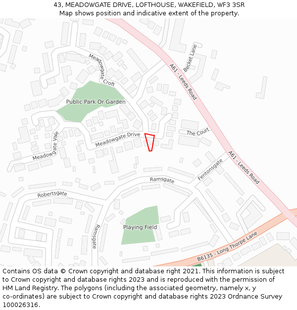 43, MEADOWGATE DRIVE, LOFTHOUSE, WAKEFIELD, WF3 3SR: Location map and indicative extent of plot