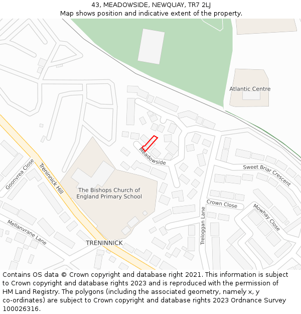 43, MEADOWSIDE, NEWQUAY, TR7 2LJ: Location map and indicative extent of plot