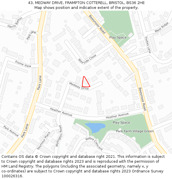 43, MEDWAY DRIVE, FRAMPTON COTTERELL, BRISTOL, BS36 2HE: Location map and indicative extent of plot