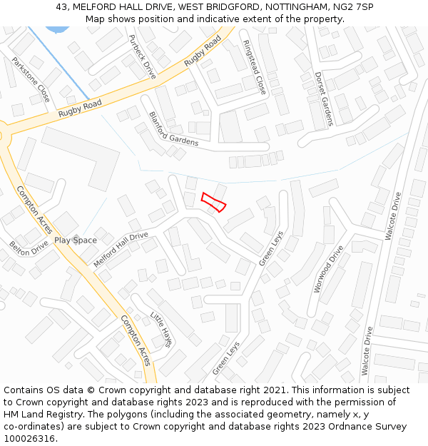 43, MELFORD HALL DRIVE, WEST BRIDGFORD, NOTTINGHAM, NG2 7SP: Location map and indicative extent of plot