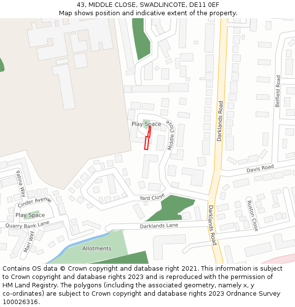 43, MIDDLE CLOSE, SWADLINCOTE, DE11 0EF: Location map and indicative extent of plot