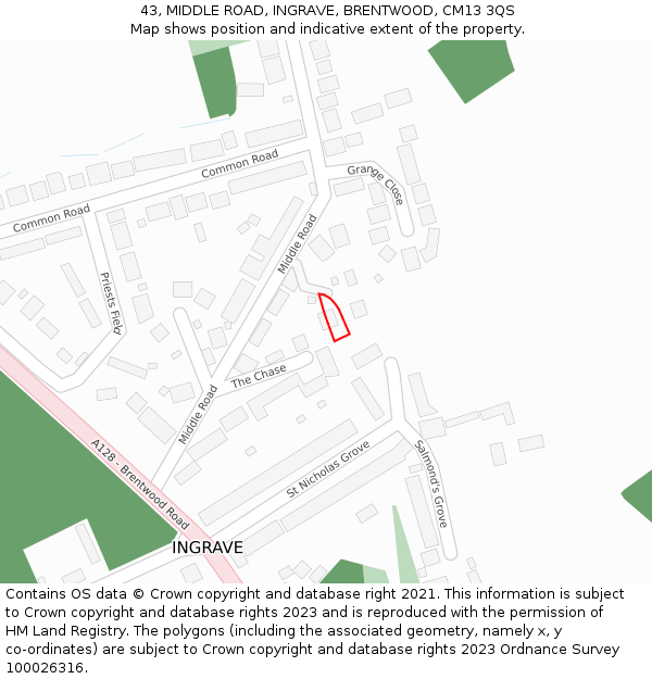 43, MIDDLE ROAD, INGRAVE, BRENTWOOD, CM13 3QS: Location map and indicative extent of plot