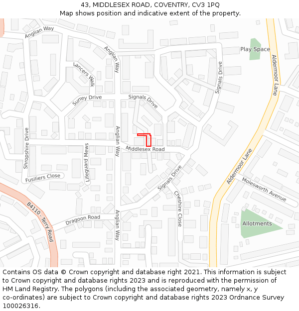 43, MIDDLESEX ROAD, COVENTRY, CV3 1PQ: Location map and indicative extent of plot