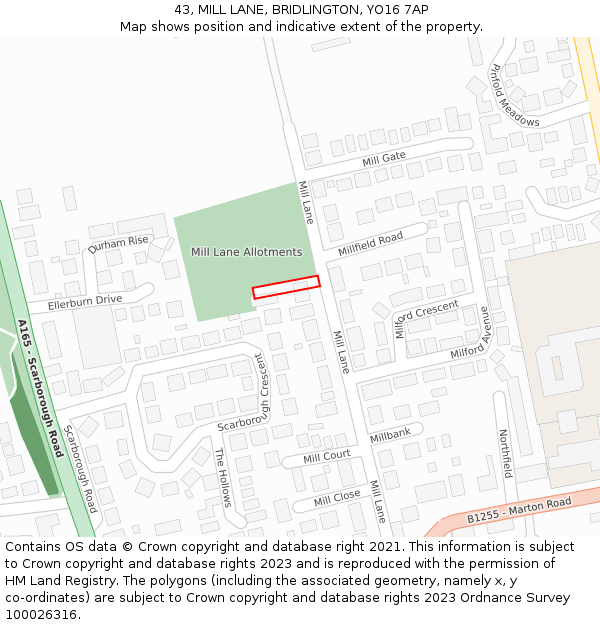 43, MILL LANE, BRIDLINGTON, YO16 7AP: Location map and indicative extent of plot