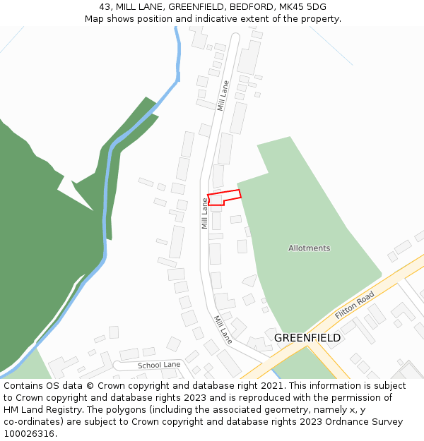 43, MILL LANE, GREENFIELD, BEDFORD, MK45 5DG: Location map and indicative extent of plot