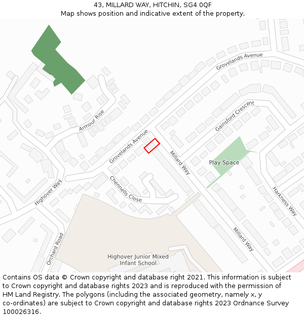 43, MILLARD WAY, HITCHIN, SG4 0QF: Location map and indicative extent of plot