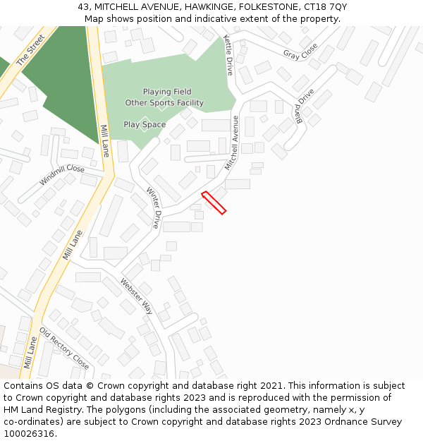 43, MITCHELL AVENUE, HAWKINGE, FOLKESTONE, CT18 7QY: Location map and indicative extent of plot