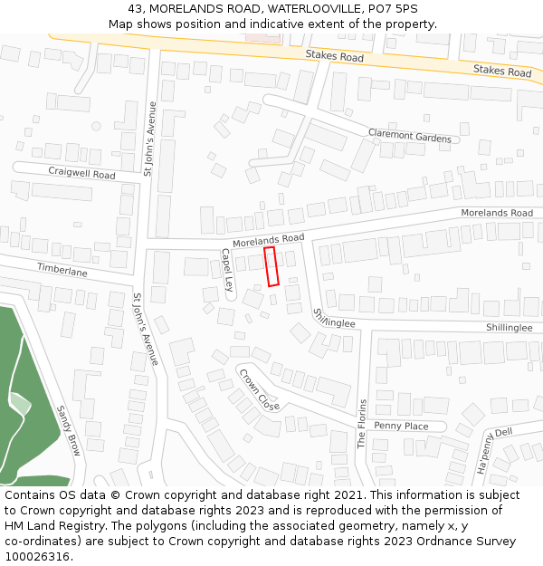 43, MORELANDS ROAD, WATERLOOVILLE, PO7 5PS: Location map and indicative extent of plot